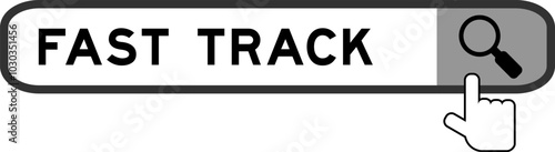 Search banner in word fast track with hand over magnifier icon on white background