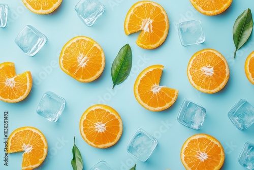 Orange slices and ice cubes scattered on a bright blue background Generative AI