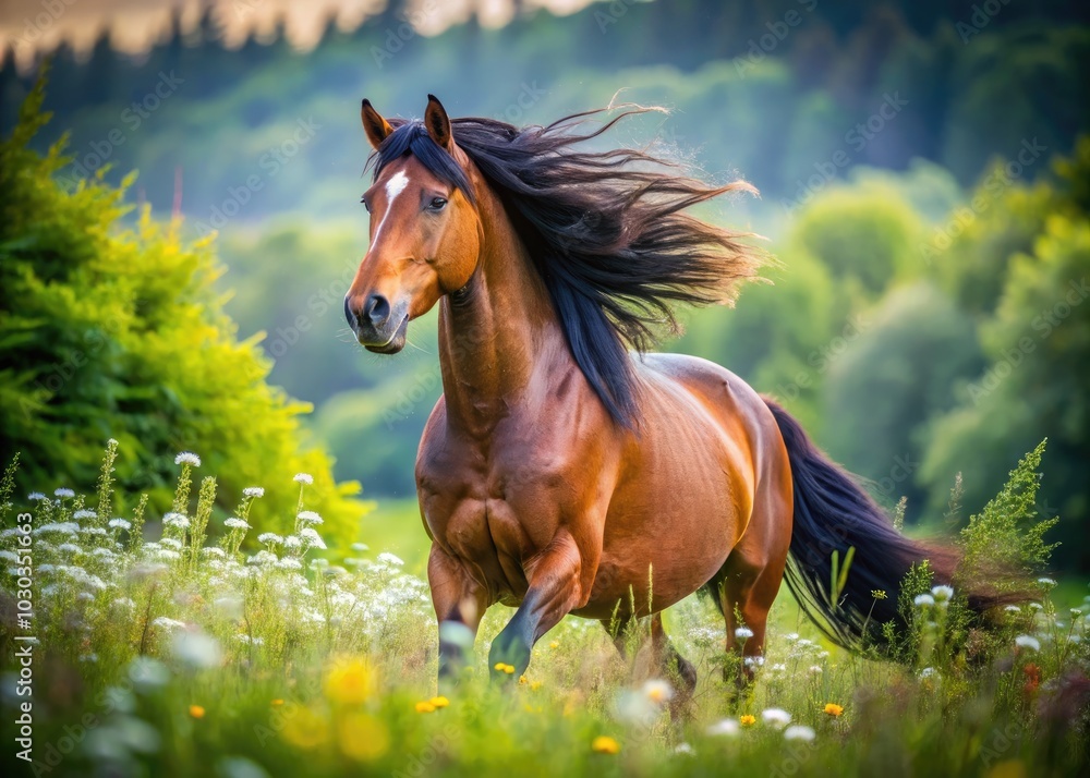 Obraz premium A magnificent stallion runs wild in a vast field, showcasing the raw beauty of nature and the freedom that embodies its wild spirit and grace.