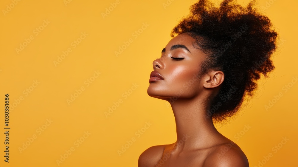 The serene expression of a woman with closed eyes is accentuated by a vibrant yellow backdrop, capturing a quiet moment of peace and self-reflection. The serene expression of a woman with closed eyes is accentuated by a vibrant yellow backdrop, capturing a quiet moment of peace and self-reflection.