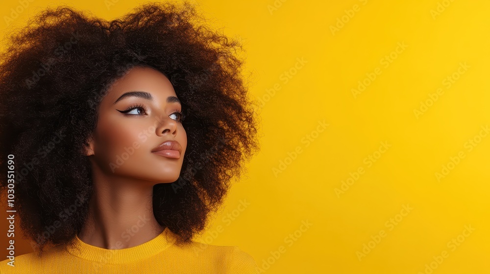 A thoughtful woman gazes towards the distance, her curly hair beautifully contrasting with the bright yellow background, creating a striking portrait of introspection. A thoughtful woman gazes towards the distance, her curly hair beautifully contrasting with the bright yellow background, creating a striking portrait of introspection.