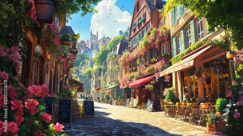 A picturesque cobblestone street lined with charming shops and cafes, adorned with vibrant flowers and a view of a distant castle.