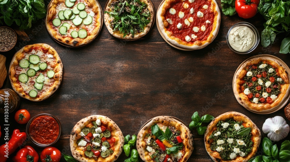 Gourmet Pizza Selection on Rustic Wooden Table Gourmet Pizza Selection on Rustic Wooden Table