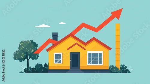 Property value increase, house and upward arrow, flat design illustration