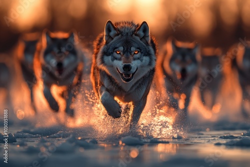 A pack of wolves charges forward across the snowy terrain, illuminated by a warm, glowing sunset, capturing their fierce energy and majestic presence in nature.