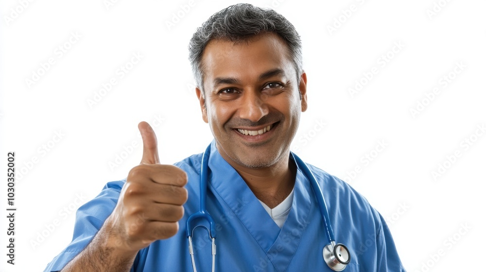 Proud Indian Male Doctor in Scrubs Giving Thumbs Up Proud Indian Male Doctor in Scrubs Giving Thumbs Up