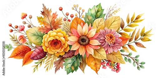 Fototapeta Naklejka Na Ścianę i Meble -  watercolor painting of autumn flower and leaves bouquet