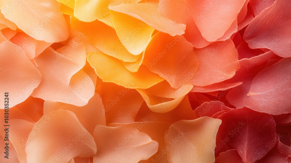A stunning collection of rose petals in shades of peach, orange, and pink laid out in a harmonious arrangement, creating a vibrant and lively yet soothing aesthetic. A stunning collection of rose petals in shades of peach, orange, and pink laid out in a harmonious arrangement, creating a vibrant and lively yet soothing aesthetic.