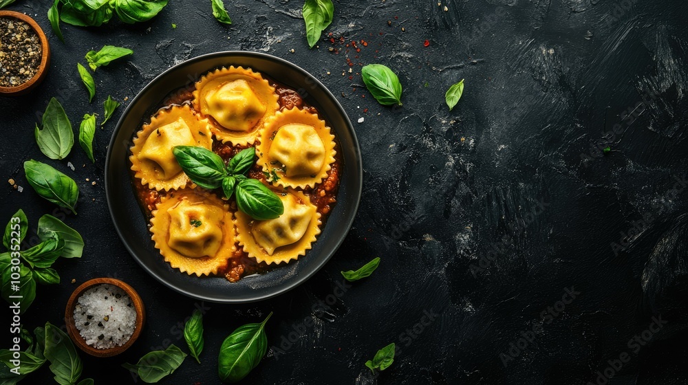 Traditional Flat Ravioli with Fresh Basil Garnish Traditional Flat Ravioli with Fresh Basil Garnish