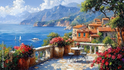painting of an Italian coastal village with a sea view, flowers, and a small terrace with a table for two, with mountains in the background. 