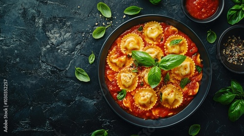 Traditional Flat Ravioli with Tomato Sauce and Basil