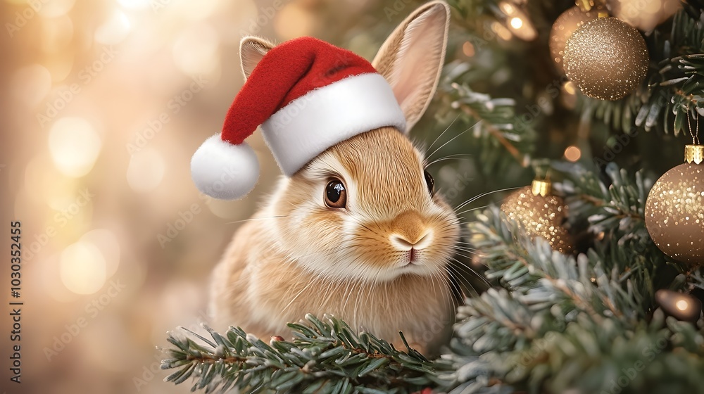 Curious Rabbit Peeking from Festive Christmas Tree Branches in Whimsical Environmental Portrait Curious Rabbit Peeking from Festive Christmas Tree Branches in Whimsical Environmental Portrait