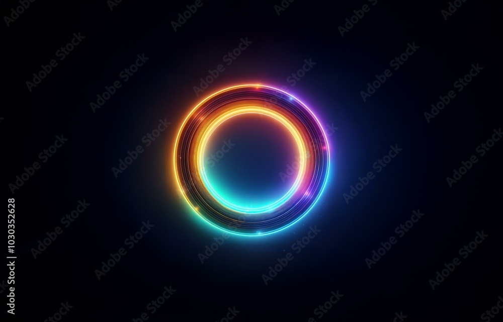 A glowing neon ring with multiple colorful layers on a dark background. A glowing neon ring with multiple colorful layers on a dark background.