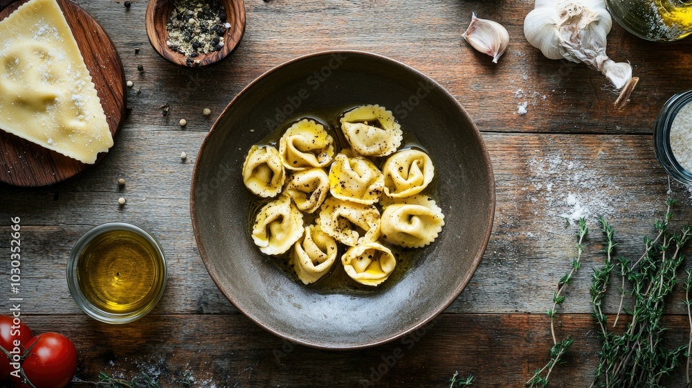 Freshly Cooked Tortellini on Rustic Table Freshly Cooked Tortellini on Rustic Table