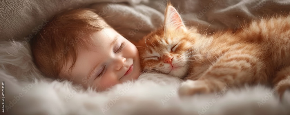 A close-up of a baby and a cat cuddling on a fluffy fur bed, the baby smiling brightly as the cat snuggles beside them in a serene bedroom setting.