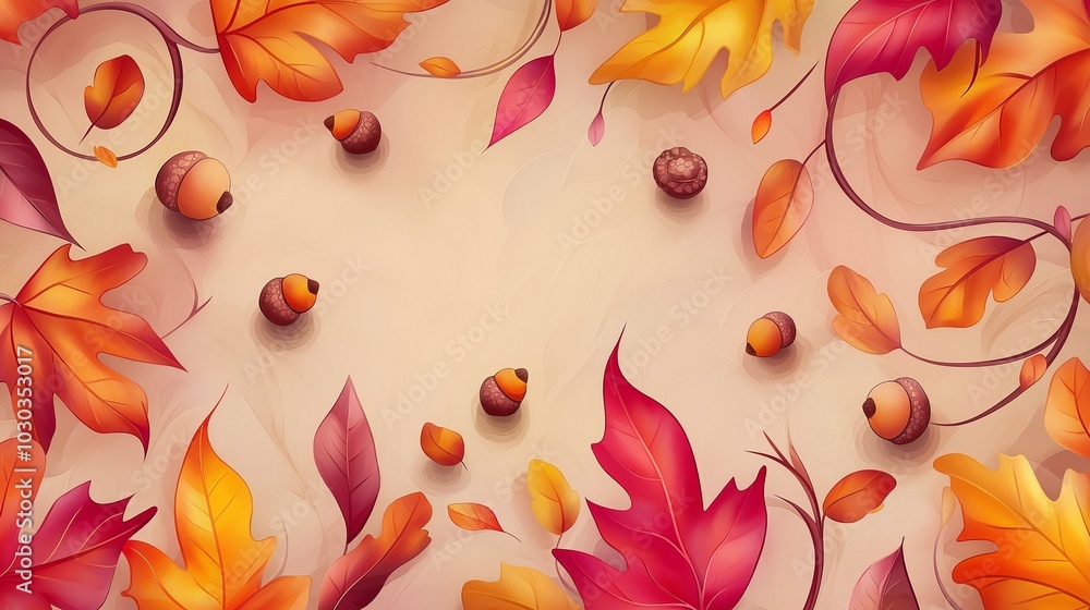 Φωτογραφία A repeatable fall-themed background with whimsical leaves in shades of red, orange, and yellow, intertwined with acorns and small pumpkins on a soft, light brown backdrop