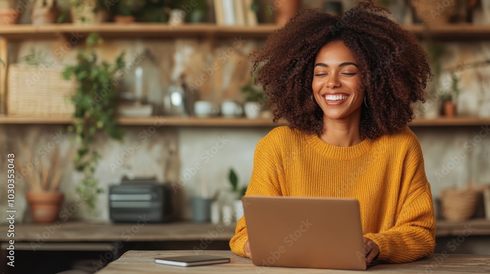 A joyful woman in a yellow sweater works on her laptop at a cozy cafe, surrounded by decorative plants and rustic decor, exuding a warm and creative atmosphere. A joyful woman in a yellow sweater works on her laptop at a cozy cafe, surrounded by decorative plants and rustic decor, exuding a warm and creative atmosphere.