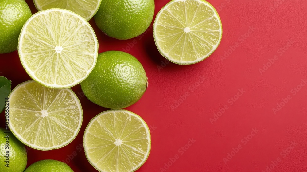Several fresh and juicy whole and half-cut green limes are placed on a vibrant red background, showcasing their bright color contrast and tempting freshness. Several fresh and juicy whole and half-cut green limes are placed on a vibrant red background, showcasing their bright color contrast and tempting freshness.
