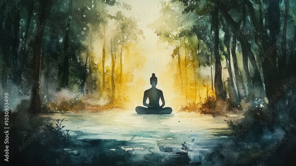 Watercolor art with a spiritual theme, showcasing a Buddha figure in meditation, surrounded by nature and light Watercolor art with a spiritual theme, showcasing a Buddha figure in meditation, surrounded by nature and light