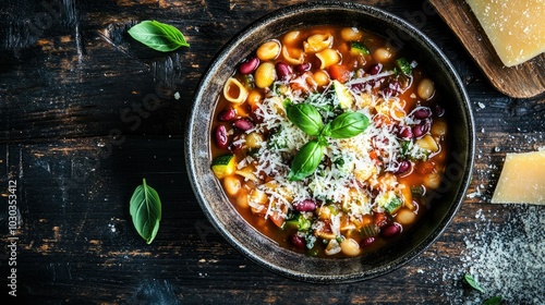 Hearty Bowl of Minestrone Soup with Fresh Ingredients