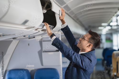 Successful business man, Airplane, travel, enjoying comfortable flight while sitting in the airplane cabin.