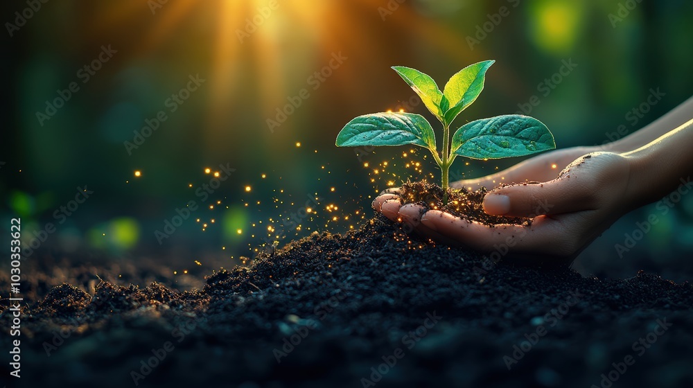 Hands holding soil with a young tree, illuminated by sunlight rays and sparks Hands holding soil with a young tree, illuminated by sunlight rays and sparks