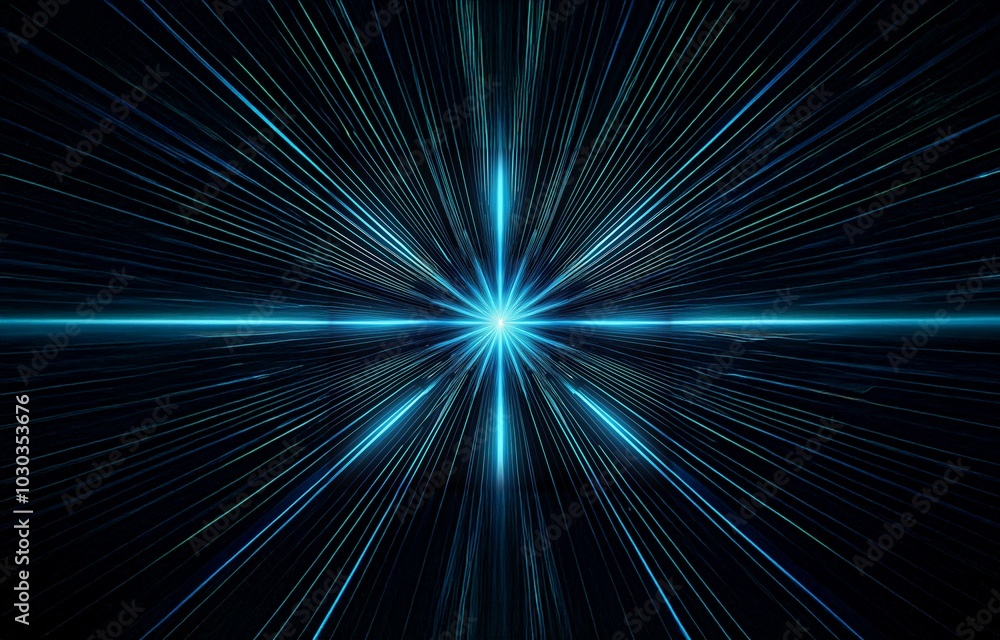 Abstract image with a central blue glowing light surrounded by radiating blue lines on a black background. Abstract image with a central blue glowing light surrounded by radiating blue lines on a black background.