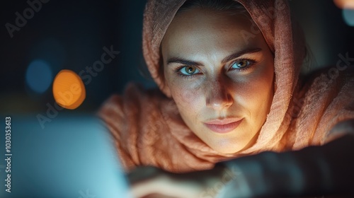 A young woman wearing a headscarf stares intently at her laptop screen, showing determination and focus, illuminated by gentle lighting in a dark setting.