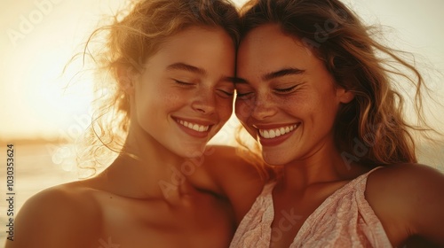 Two women with their foreheads touching share a warm embrace and smile, illustrating friendship and connection against a backdrop of a scenic sunset.