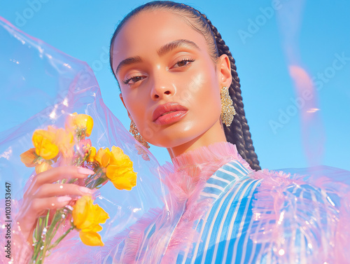 A model with braided hair poses with yellow flowers and transparent fabric, set against a vibrant blue sky. A mix of bold fashion and soft floral elements. photo