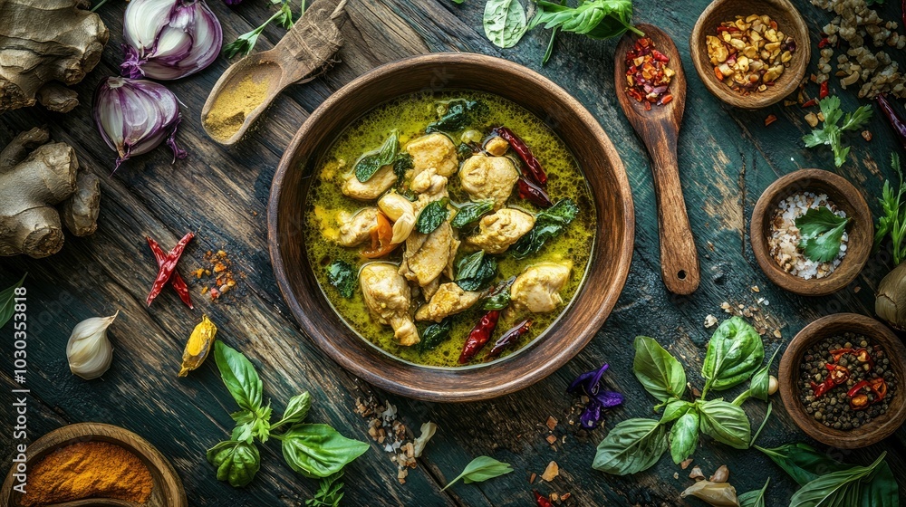 Mouthwatering Chicken Green Curry in Rustic Bowl Mouthwatering Chicken Green Curry in Rustic Bowl