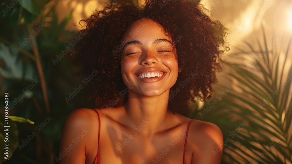 A cheerful woman with eyes closed and a delightful smile, surrounded by lush tropical foliage, exudes a sense of peace and contentment in a natural environment. A cheerful woman with eyes closed and a delightful smile, surrounded by lush tropical foliage, exudes a sense of peace and contentment in a natural environment.