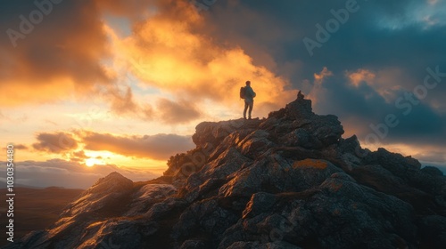 Wild camping photography capturing a couple on a rocky outcrop, dramatic sunset lighting the scene photo