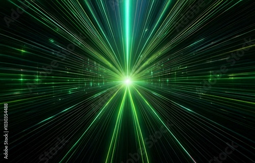 Abstract digital art with green lines converging to a bright white point of light, radiating outward on a black background.