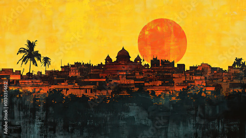 Bhubaneswar, classic traditional wood block print effect. Woodblock printing. Graphic designed, illustration for travel poster, card, wallpaper, backdrop or banner. Modern, trendy