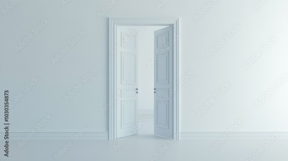 Open door in minimalist white room with white background room. The image of soft color gradation adds simplicity and beauty to the modern home. Open door in minimalist white room with white background room. The image of soft color gradation adds simplicity and beauty to the modern home.