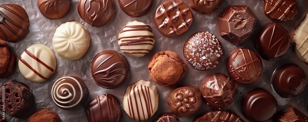 Elegant assortment of chocolate pralines with different textures. Elegant assortment of chocolate pralines with different textures.