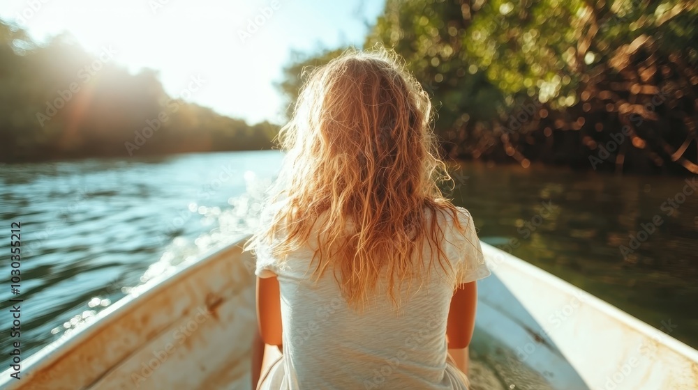A woman facing away, sits on a boat in a serene river, surrounded by lush greenery, reflecting a sense of freedom and exploration in a natural setting. A woman facing away, sits on a boat in a serene river, surrounded by lush greenery, reflecting a sense of freedom and exploration in a natural setting.