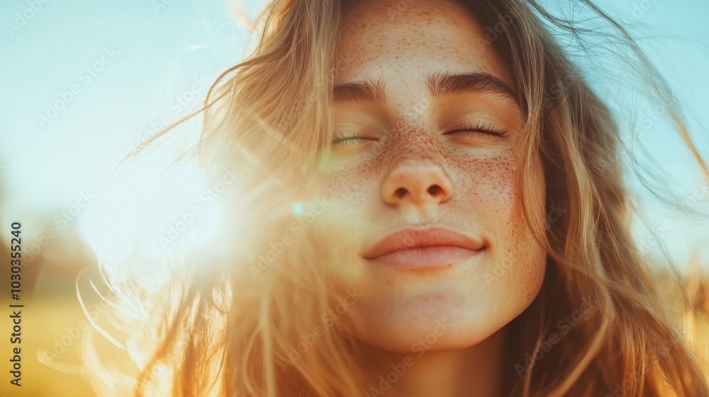 A freckled young woman with closed eyes basks in the sun, her serene expression capturing a moment of bliss and connection with nature's gentle warmth. A freckled young woman with closed eyes basks in the sun, her serene expression capturing a moment of bliss and connection with nature's gentle warmth.
