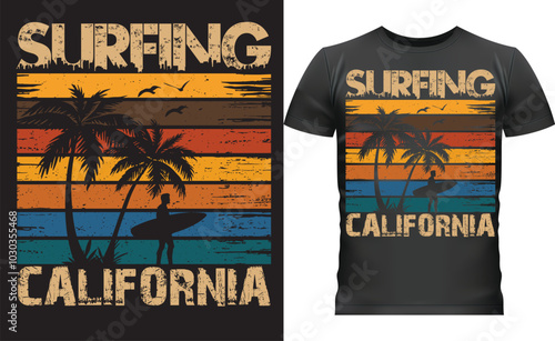 Retro 'Surfing California' t-shirt design with vibrant sunset colors and a palm tree silhouette. Ideal for surf lovers, this vintage-style graphic evokes beach vibes and adventure.