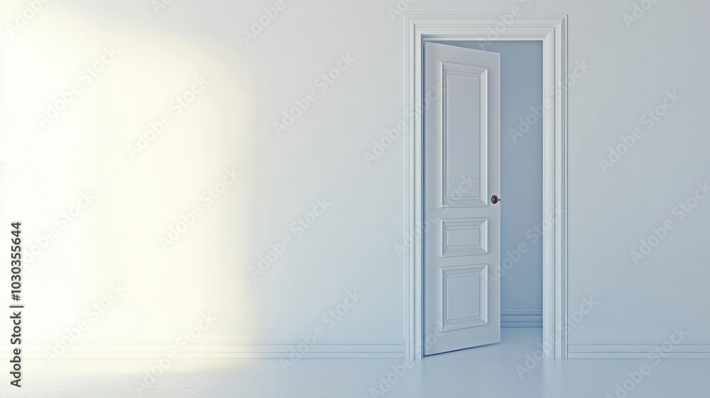 Open door in minimalist white room with white background room. The image of soft color gradation adds simplicity and beauty to the modern home. Open door in minimalist white room with white background room. The image of soft color gradation adds simplicity and beauty to the modern home.