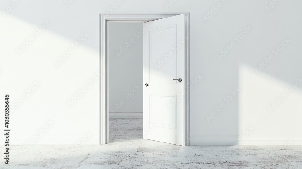 Open door in minimalist white room with white background room. The image of soft color gradation adds simplicity and beauty to the modern home. Open door in minimalist white room with white background room. The image of soft color gradation adds simplicity and beauty to the modern home.
