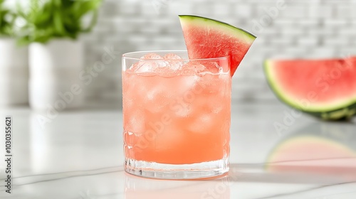 A watermelon drink in a glass with a slice of watermelon and an umbrella.