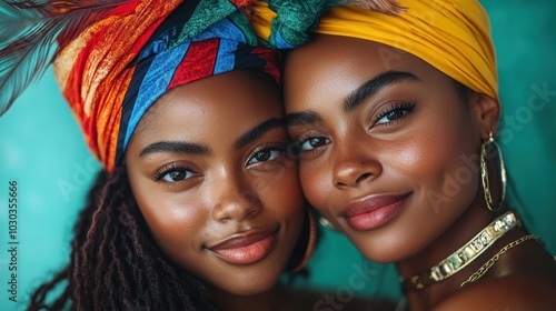 Two women are smiling warmly, each wearing vibrant headwraps and elegant jewelry, embodying beauty and friendship against a vivid green backdrop.