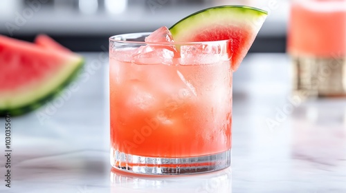 A watermelon drink with a watermelon slice and umbrella.