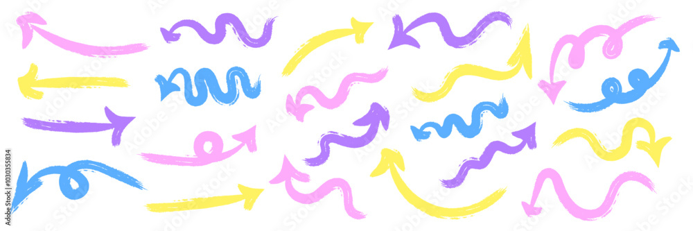Bright arrows, hand-drawn pointers in chalk. Vector arrow waves.