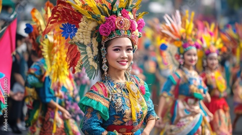 Women in colorful traditional costumes, participating in a parade during a cultural festival, with flags and banners