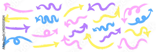 Bright arrows, hand-drawn pointers in chalk. Vector arrow waves.