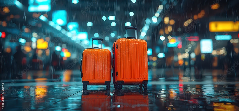 Two orange suitcases in the middle of an airport, blurry background Two orange suitcases in the middle of an airport, blurry background