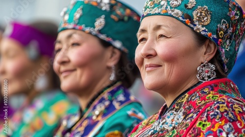 Women in Kalmyk dress at a cultural festival in Mongolia, participating in traditional dances and performances photo